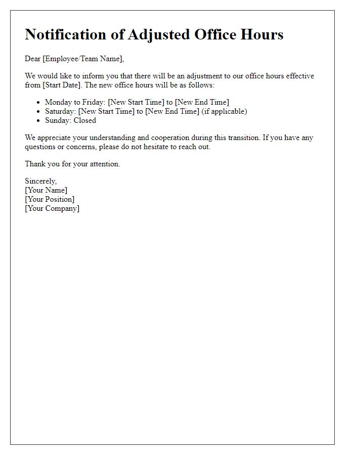 Letter template of notification for adjusted office hours