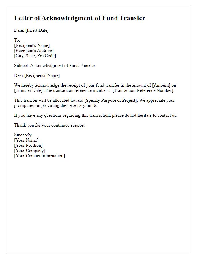 Letter template of Acknowledgment of Fund Transfer