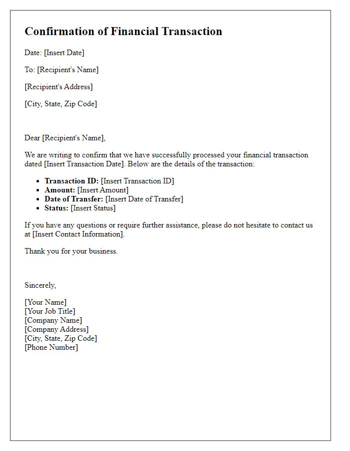 Letter template of Confirmation of Financial Transaction