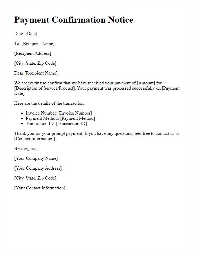 Letter template of Payment Confirmation Notice