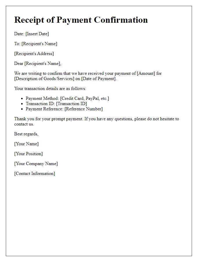 Letter template of Receipt of Payment Confirmation