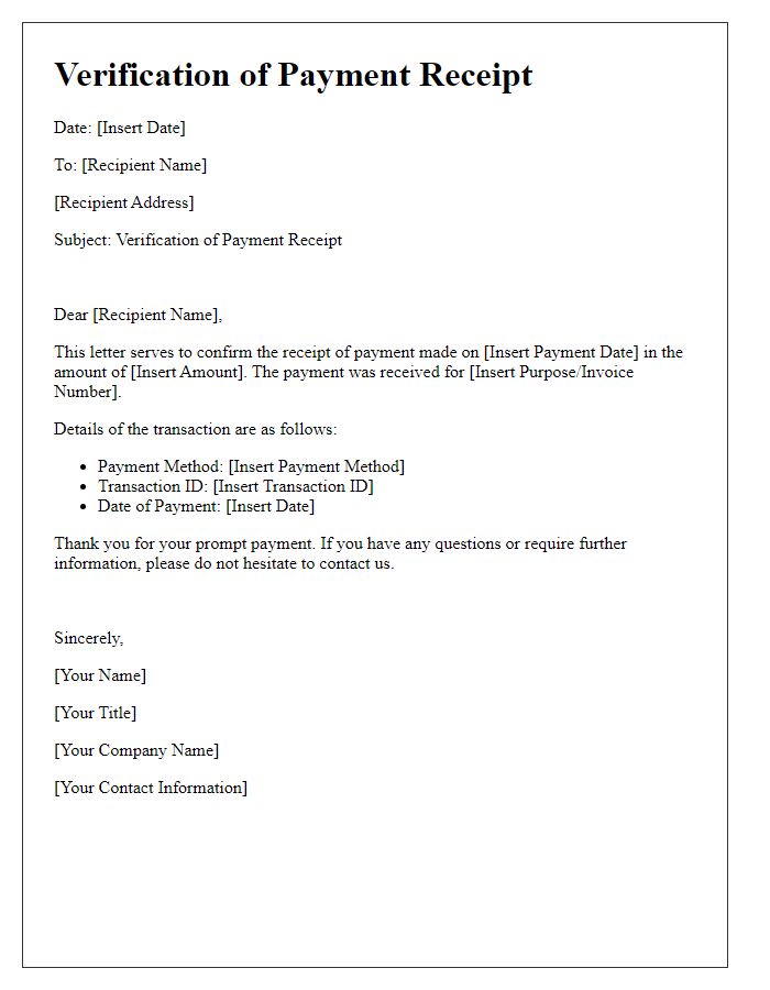 Letter template of Verification of Payment Receipt