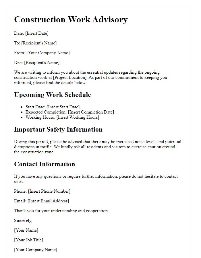 Letter template of advisory for essential construction work updates