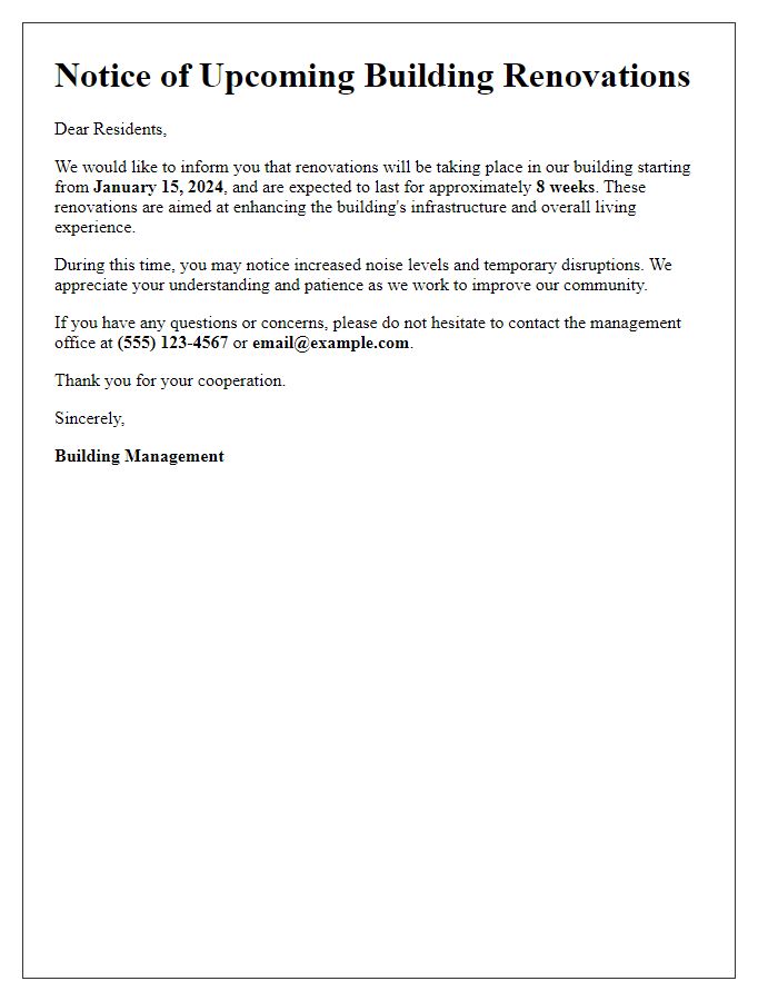 Letter template of alert for impending building renovations