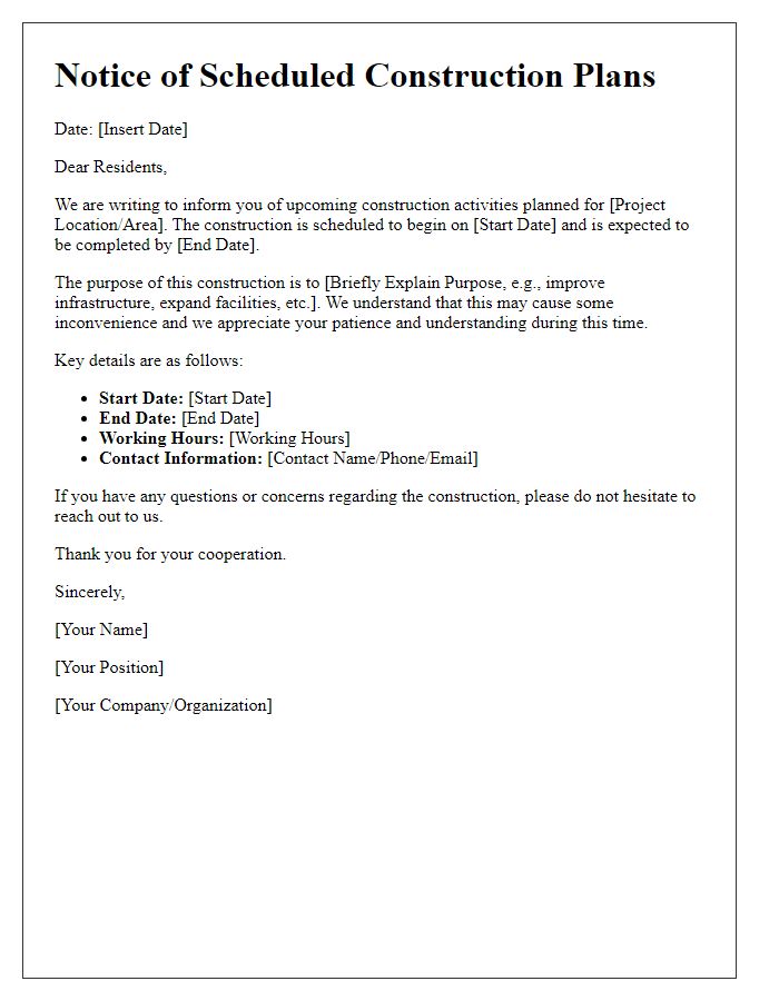 Letter template of announcement for scheduled construction plans