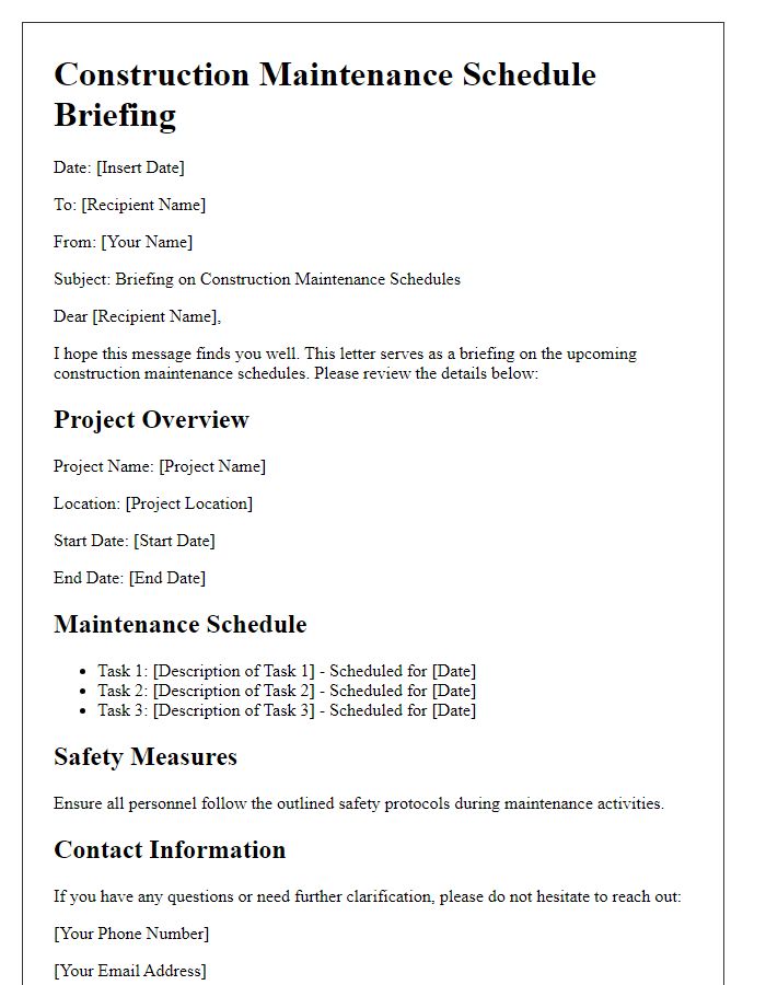 Letter template of briefing on construction maintenance schedules