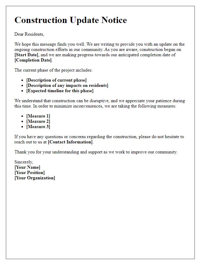 Letter template of communication about ongoing construction efforts