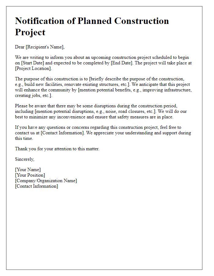 Letter template of information regarding planned construction project