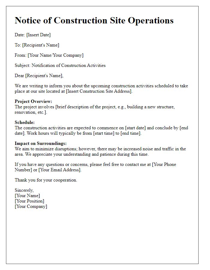 Letter template of message concerning construction site operations