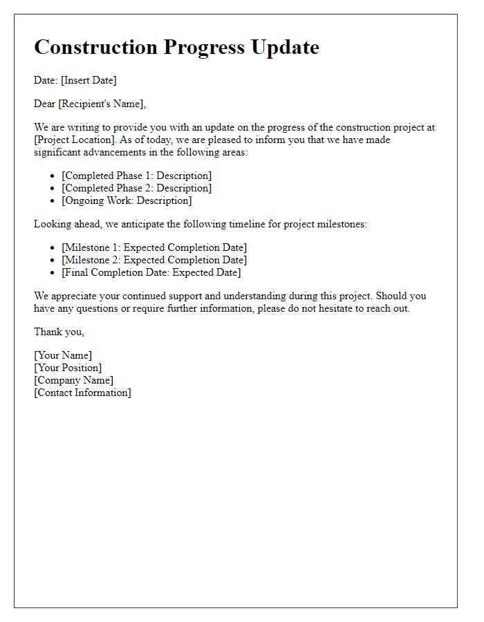 Letter template of update on construction progress and timelines