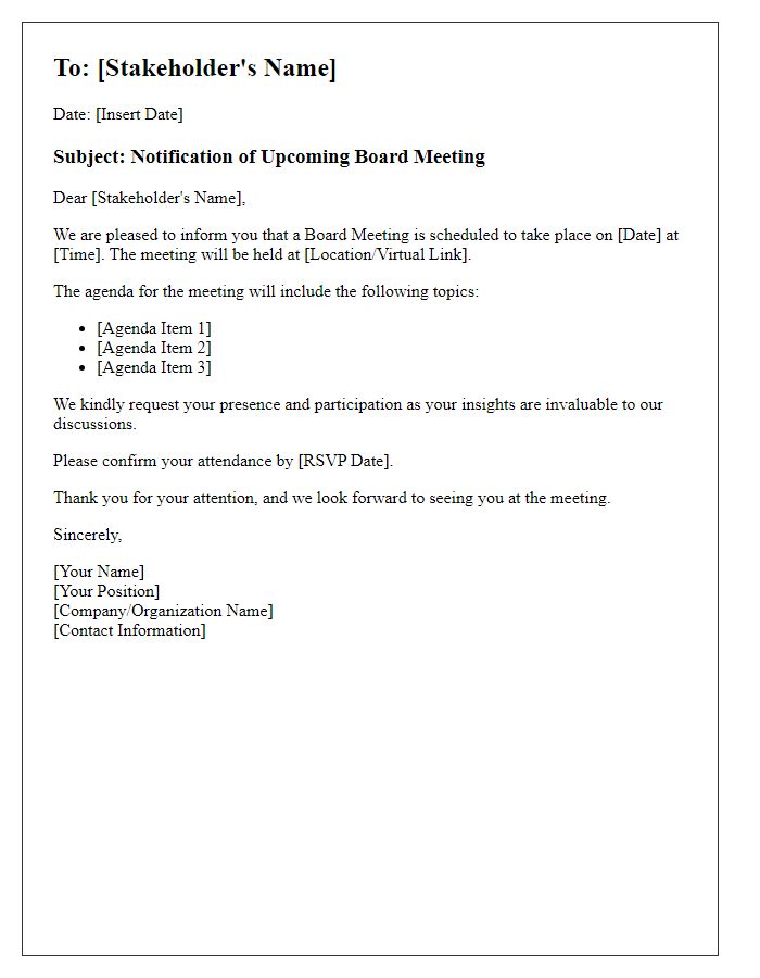 Letter template of board meeting notification for stakeholders