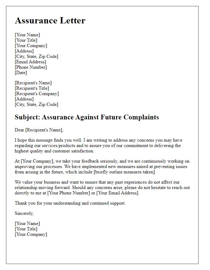 Letter template of assurance against future complaints.