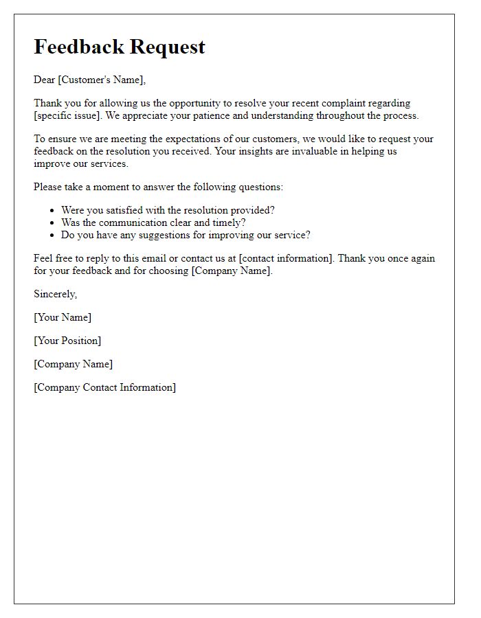 Letter template of feedback request post complaint resolution.