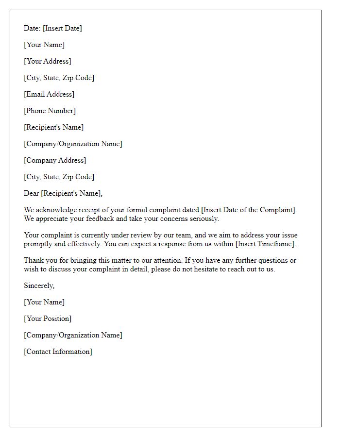 Letter template of formal complaint acknowledgment.