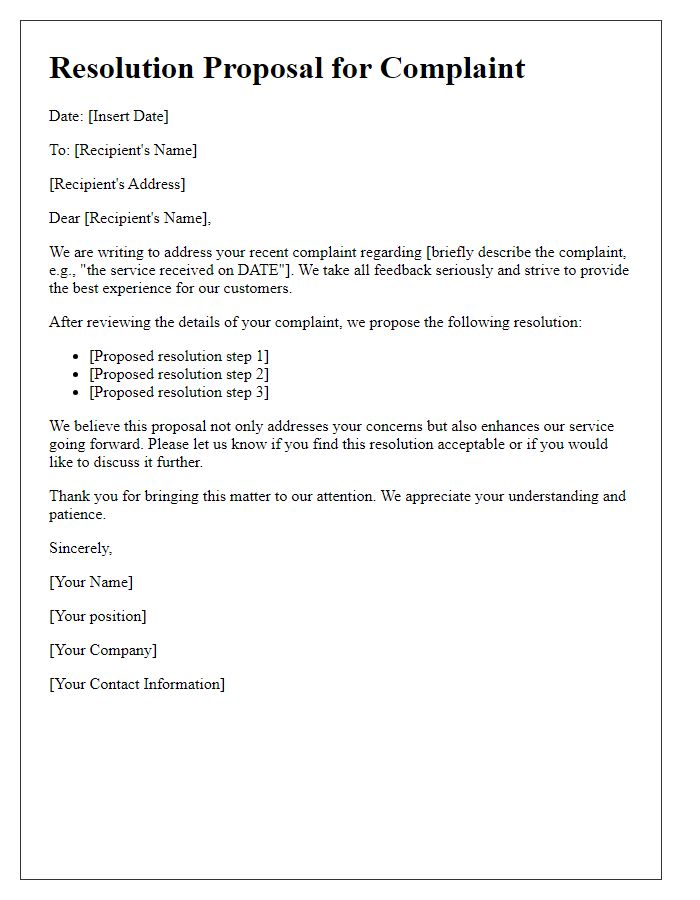 Letter template of resolution proposal for complaint resolution.