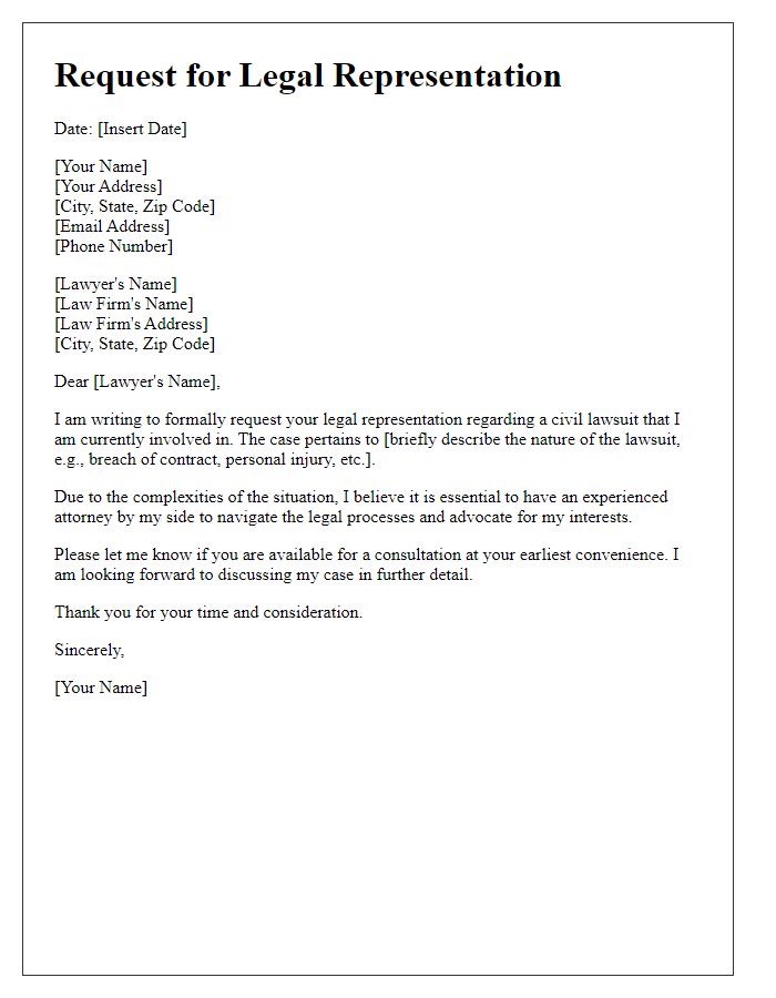 Letter template of request for legal representation for a civil lawsuit