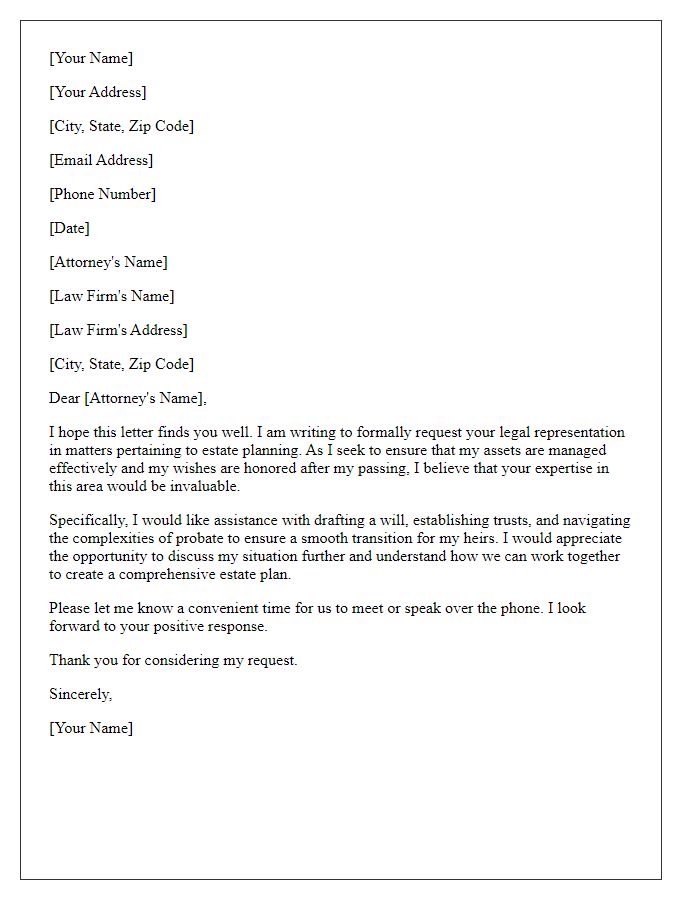 Letter template of request for legal representation for estate planning