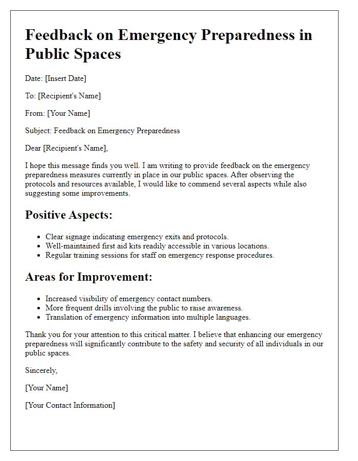 Letter template of feedback on emergency preparedness in public spaces