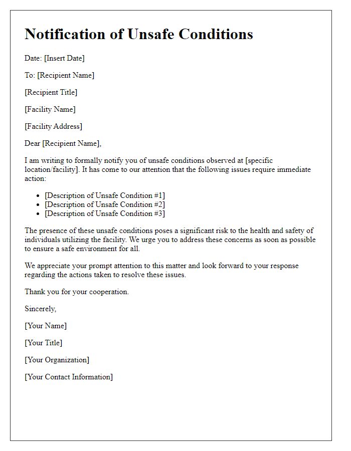 Letter template of notification on unsafe conditions in local facilities