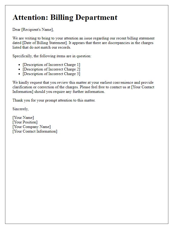 Letter template of alert for incorrect billing