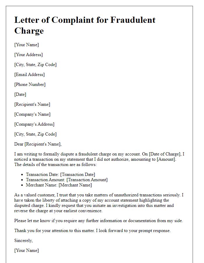 Letter template of complaint for fraudulent charge