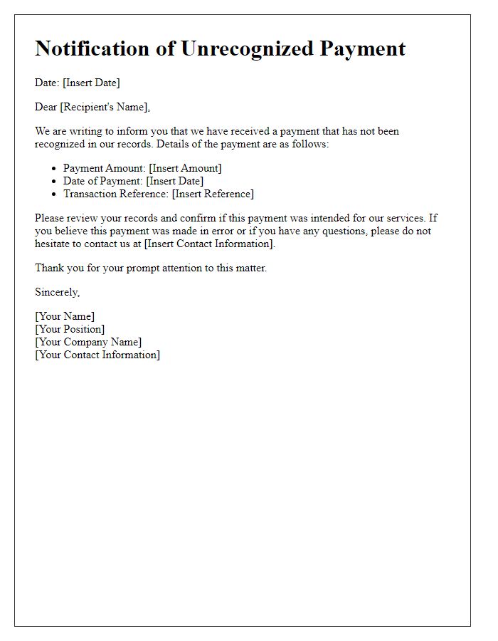 Letter template of notification for unrecognized payment