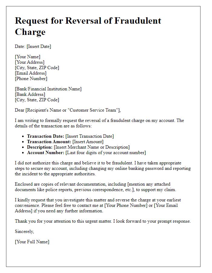 Letter template of request for reversal of fraudulent charge