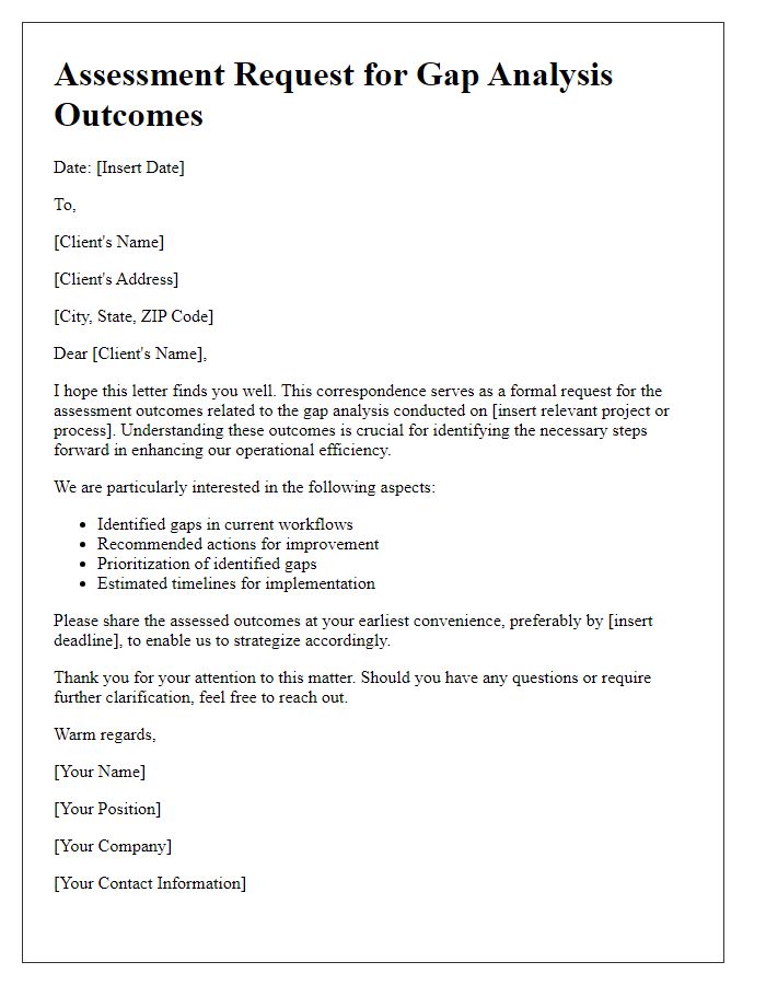 Letter template of assessment request for gap analysis outcomes from client