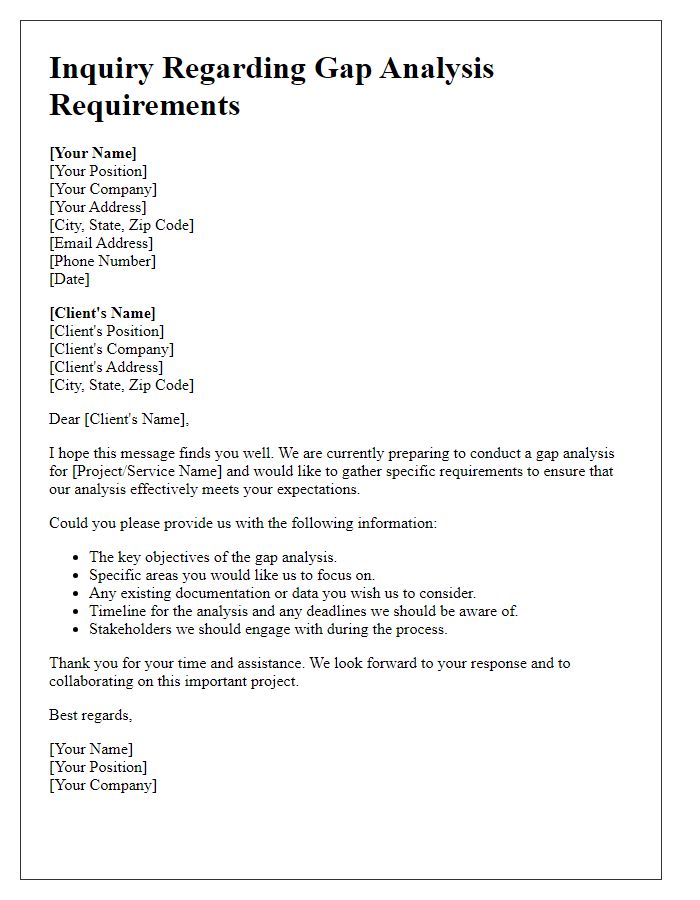 Letter template of inquiry regarding gap analysis requirements from client