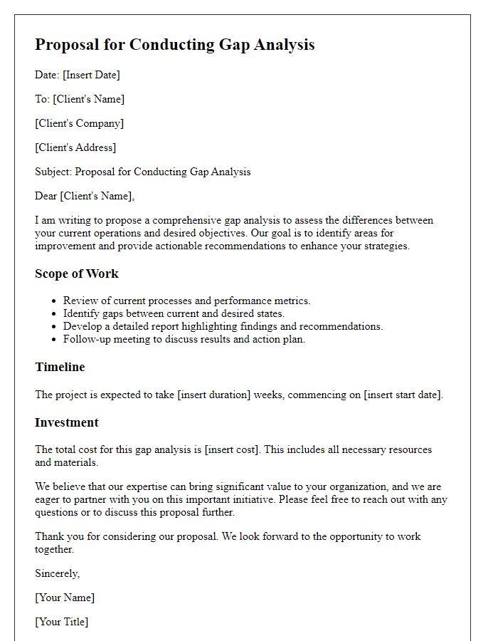 Letter template of proposal for conducting gap analysis with client