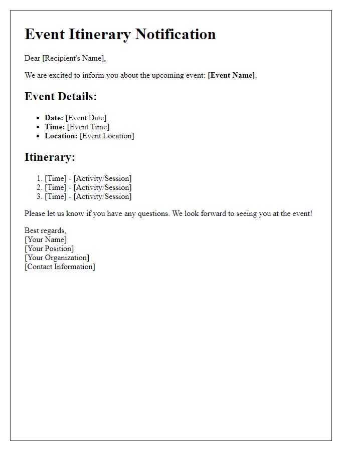 Letter template of event itinerary notification