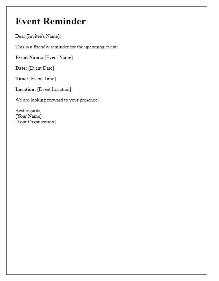 Letter template of event reminder for invitees