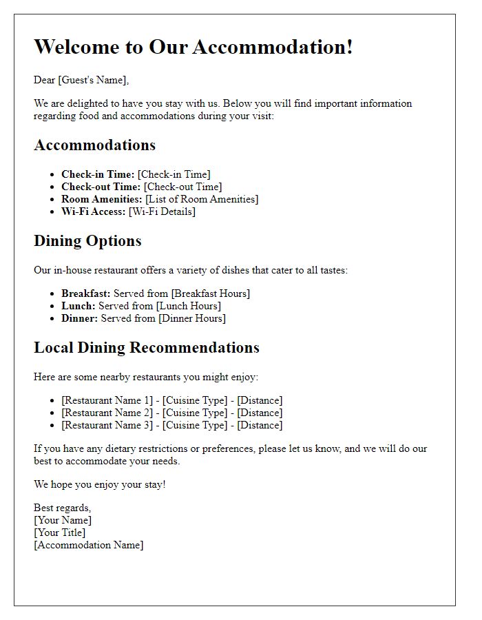 Letter template of food and accommodations information for guests