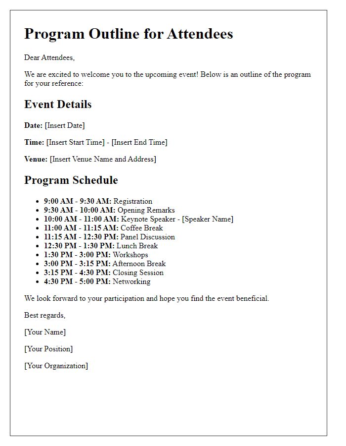 Letter template of program outline for attendees