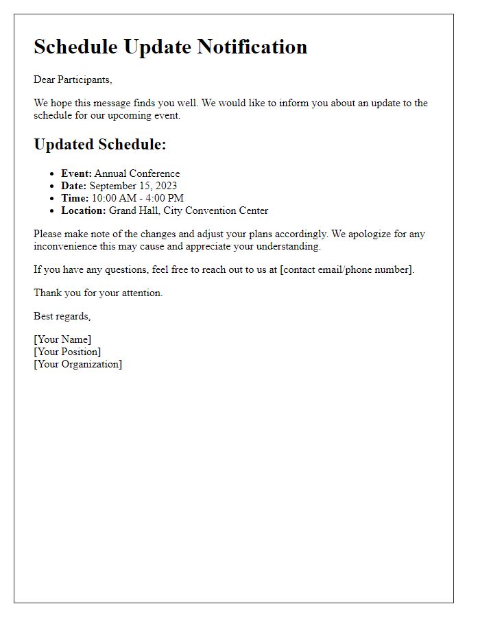 Letter template of schedule update for participants