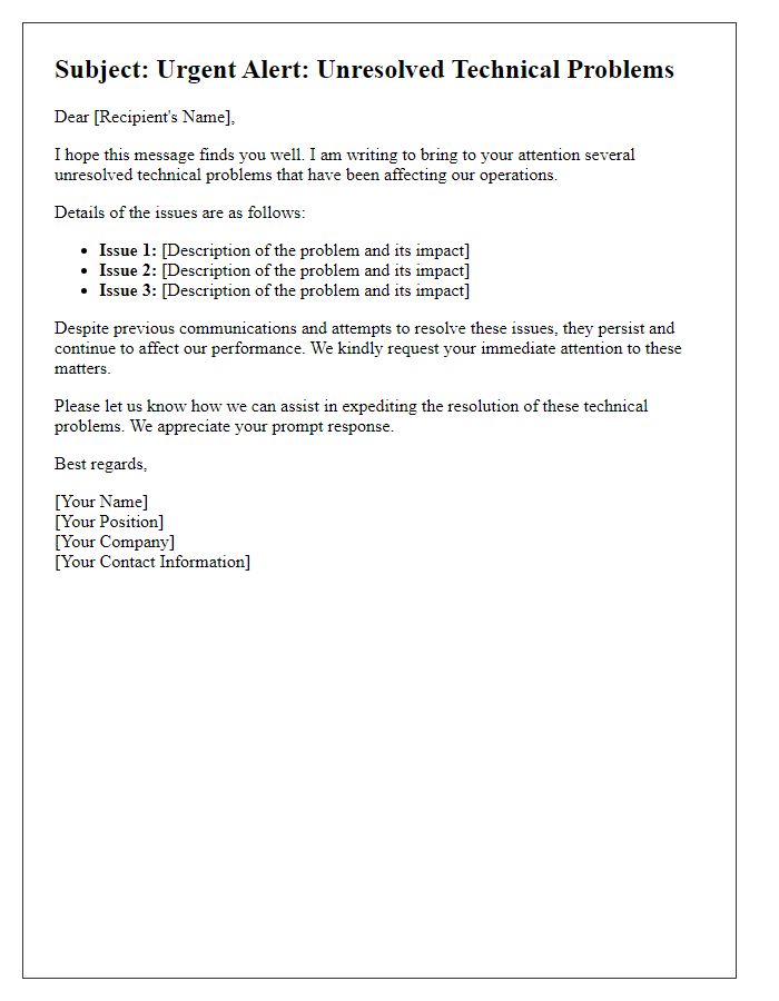 Letter template of alert regarding unresolved technical problems