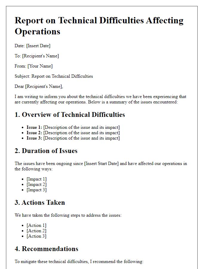 Letter template of report on technical difficulties affecting operations