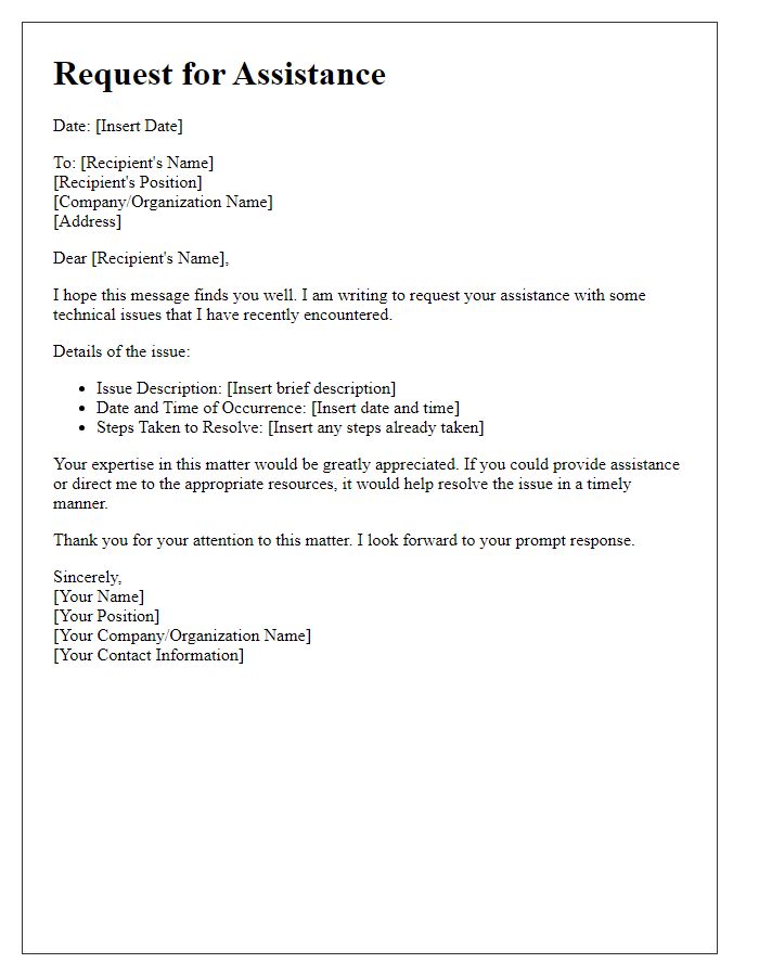 Letter template of request for assistance with technical issues