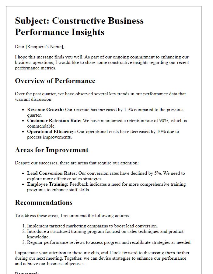 Letter template of constructive business performance insights