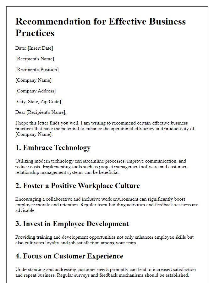 Letter template of effective business practices recommendation