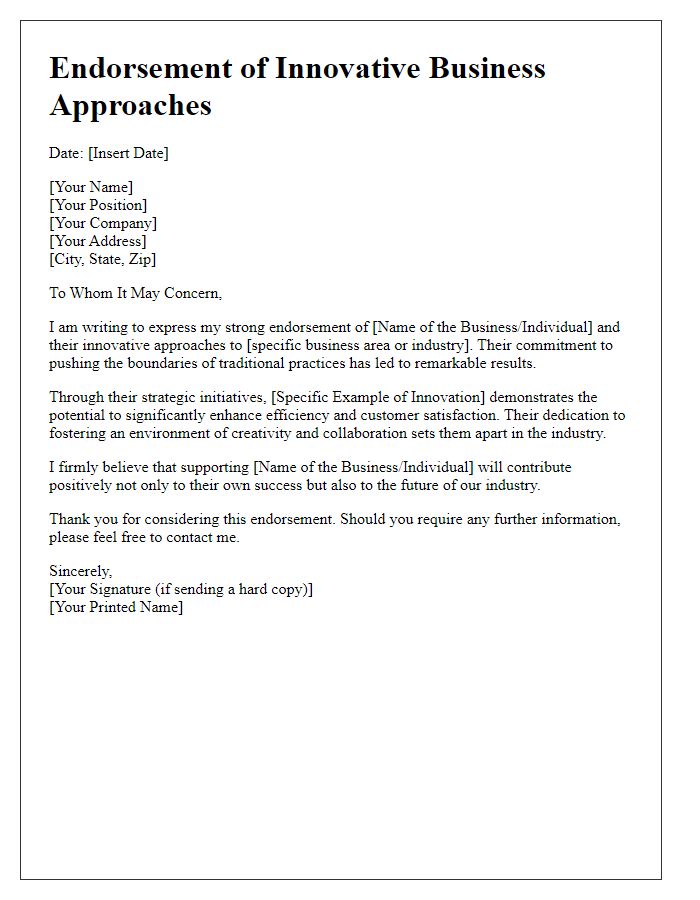 Letter template of innovative business approaches endorsement