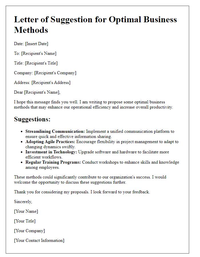 Letter template of optimal business methods suggestion