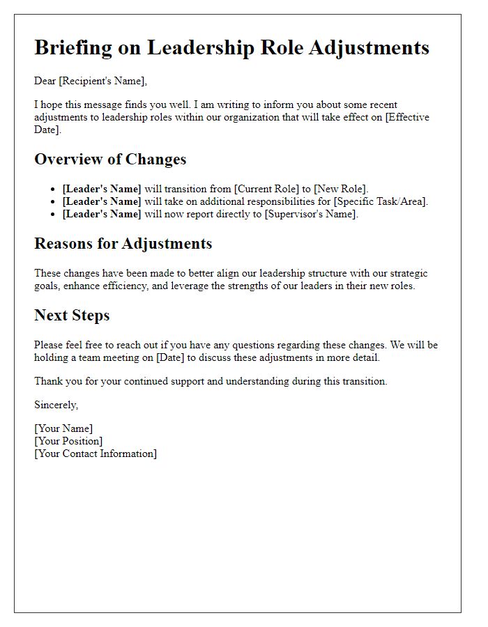 Letter template of briefing on leadership role adjustments