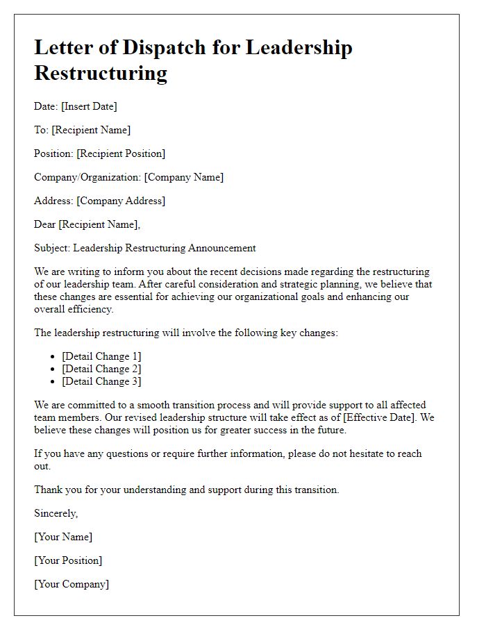 Letter template of dispatch for leadership restructuring