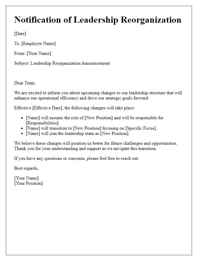 Letter template of notification for leadership reorganization