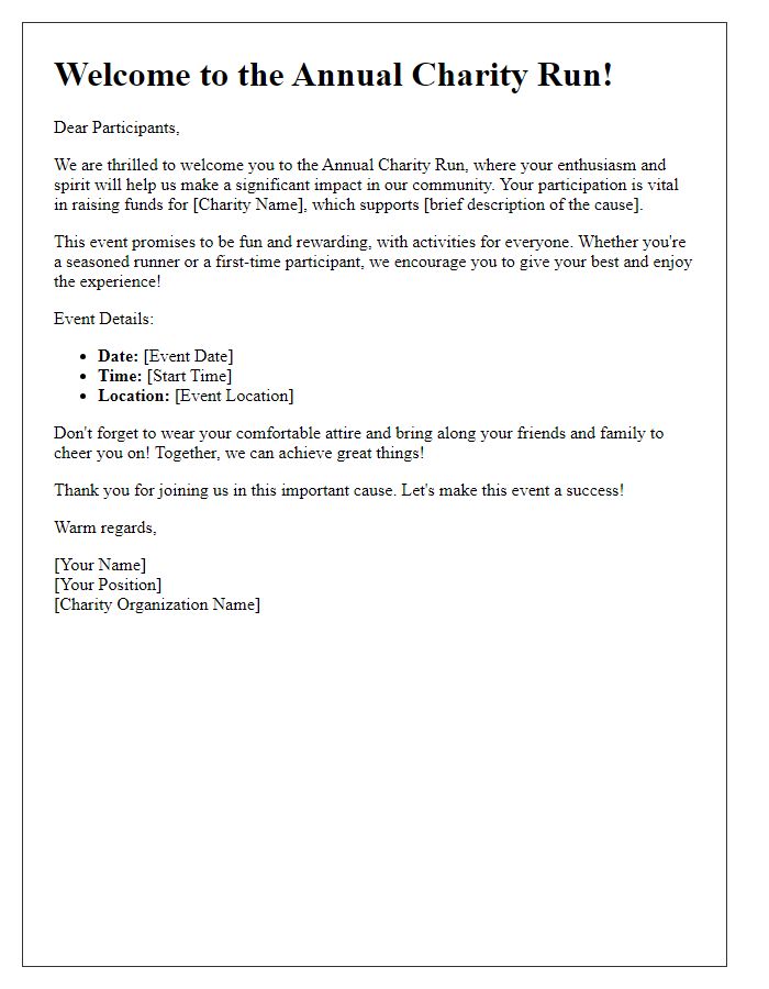 Letter template of welcome message for charity run participants