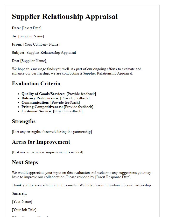 Letter template of supplier relationship appraisal