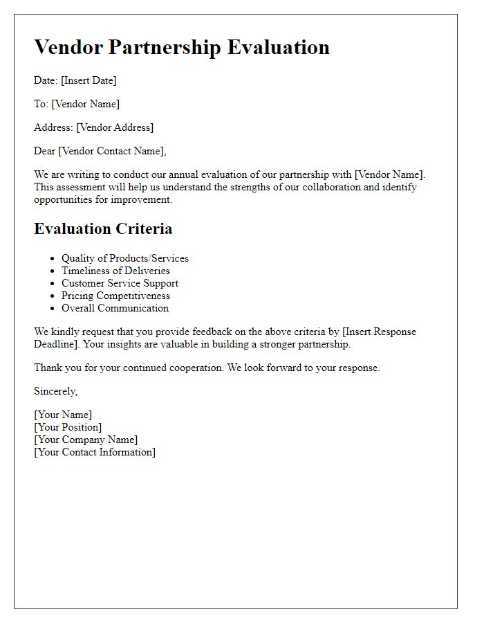 Letter template of vendor partnership evaluation