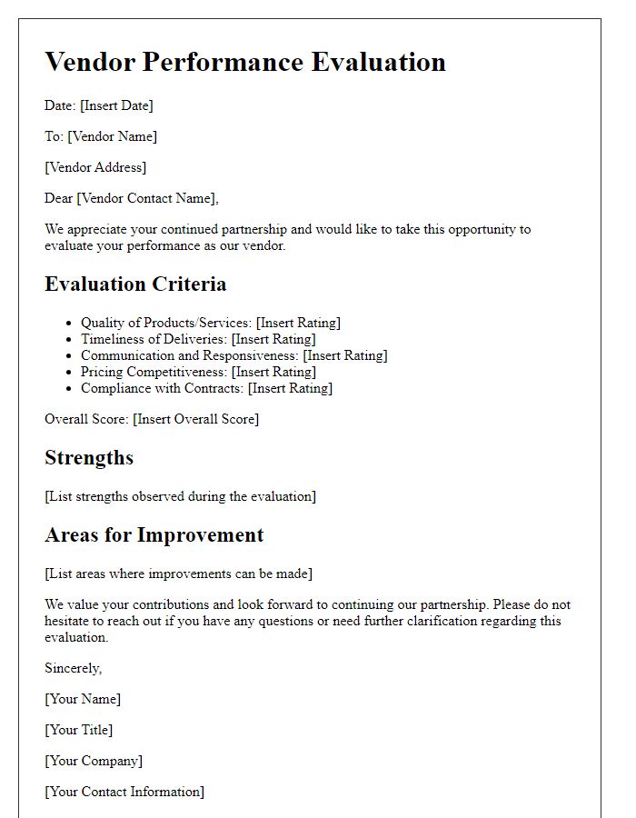 Letter template of vendor performance evaluation