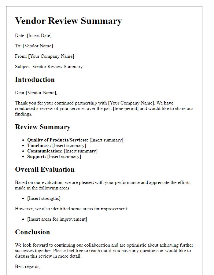 Letter template of vendor review summary